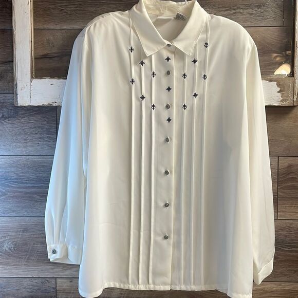 Vintage Koret Ladies White Dress Blouse, Black Embroidery Long Sleeve, Size 20W - Picture 1 of 6